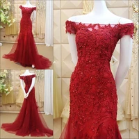 boat neck red tulle mermaid prom party sexy vestido de noiva lace appliques beading pearls evening mother of the bride dress