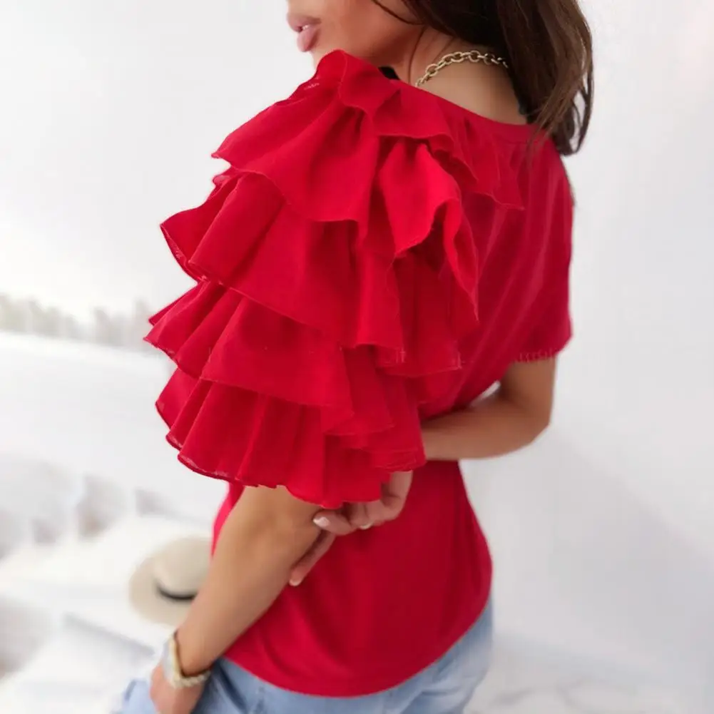 

Fashion Women Blouse Solid Color Layered Ruffle Short Sleeve Asymmetric Loose T-shirt Top for Summer Fashion Women Blouse