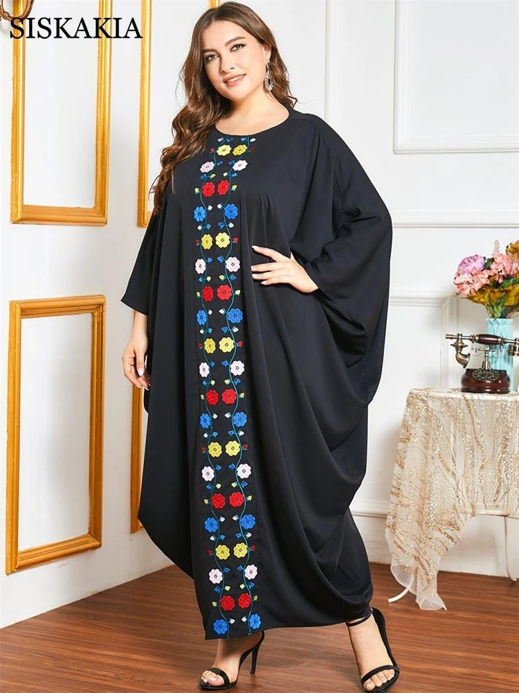 

Женское платье Siskakia, черное платье с цветочной вышивкой и рукавом летучая мышь, арабские мусульманские турецкие платья, осень 2020