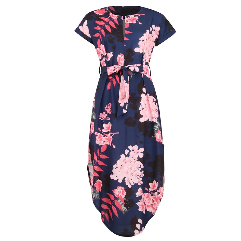 

QRWR 2020 Summer V Neck Floral Printing Dress Women A Line Short Sleeve Midi Dress Casual With Sashes Women Dress
