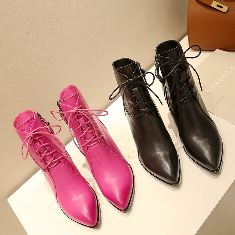 Online Asli Niat Kulit Asli Sepatu Bot Tinggi Lace-Up Square Heels Boots Menunjuk Toe Merah Muda Kulit Hitam Sepatu Wanita Plus Ukuran