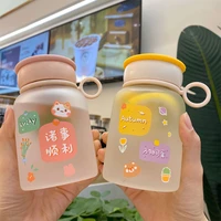 japanese cartoon frosted glass animal blessing printed glass bottle with cover lifting ring simple portable portable coffee cup