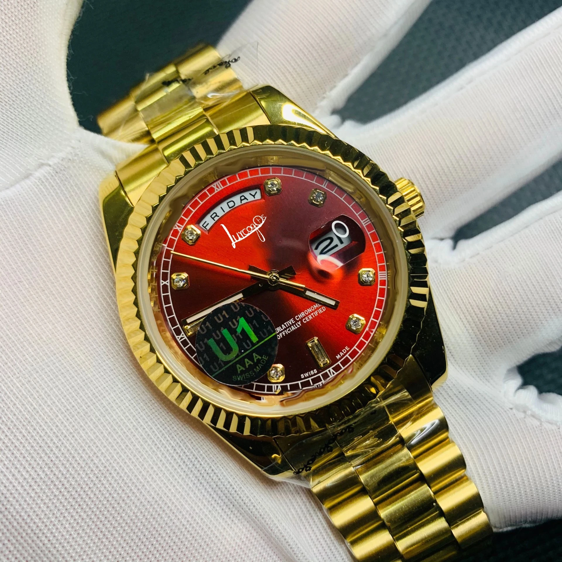 

Designer watch Red dial u1 luxury 18K watch automatic DAYDATE men automatic Self-wind 40mm watches Stainless steel Wristwatch