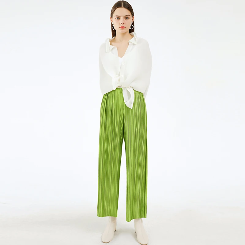 

Miyake/женские прямые плиссированные брюки больших размеров, Осень-зима 2020, корейские модные женские брюки, флуоресцентная Эстетическая одежд...