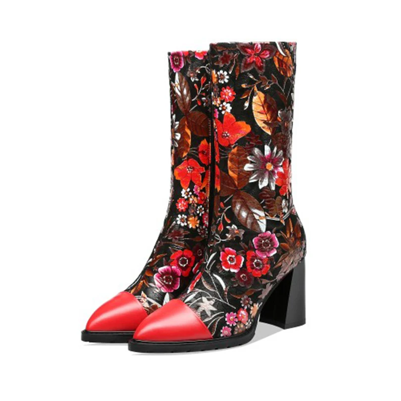Goede Vrouwelijke Echte Vrouw Wees Teen Schoenen Handgemaakte Mid-Kalf Zwart Bloemen Laarzen Rubber Hoge Hakken Handgemaakte Rijden Normale Grootte 2019
