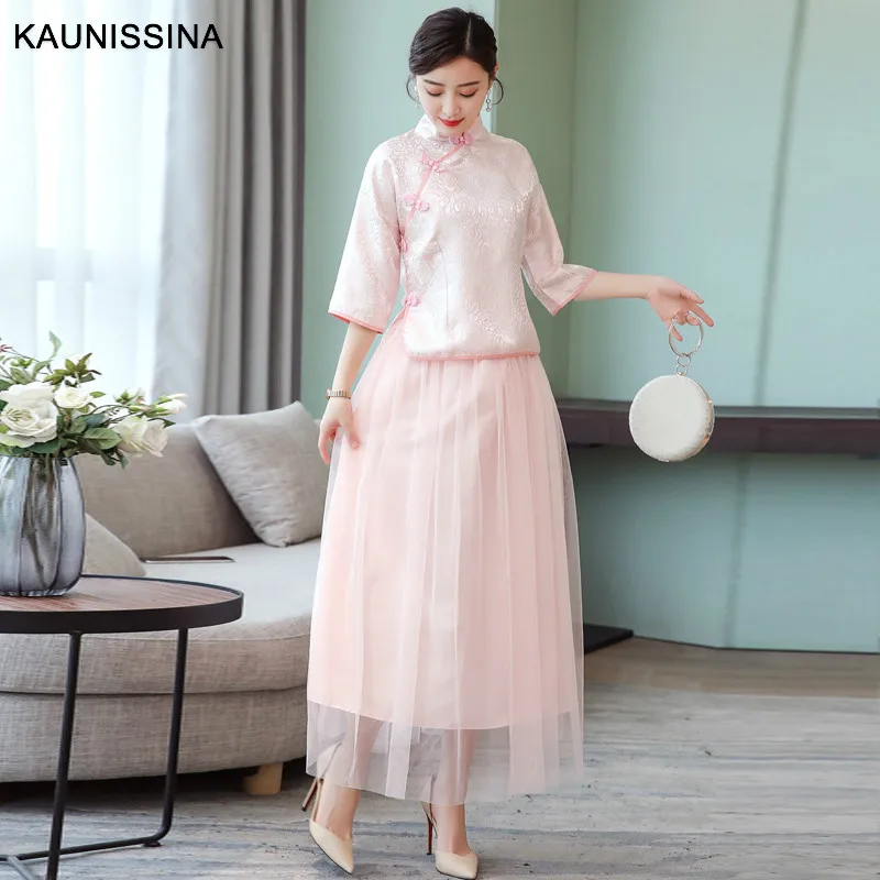 KAUNISSINA Wedding Bridesmaid Dress Elegant Qipao Traditional Chinese Women Mandarin Collar Vestido Two Piece Dresses | Свадьбы и