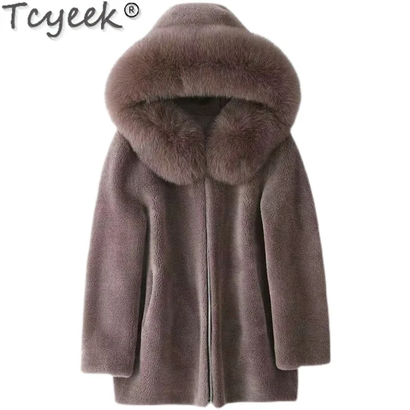 Женское зимнее пальто с капюшоном и воротником из натурального Лисьего меха 2022