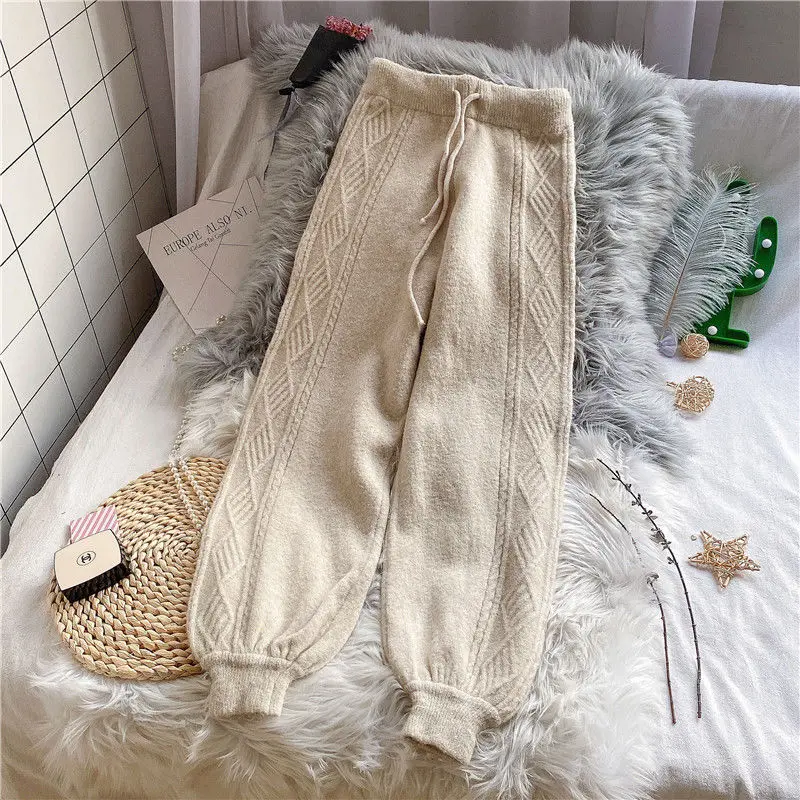 

Wide Leg PantsAutumn Knitted Harem Pants Tied Feet Long Woolen Underwear Trousers High Waist Slimming 2021 Autumn Winter