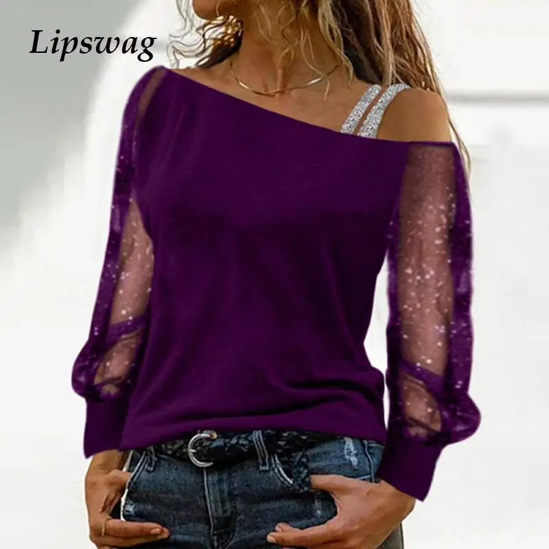 

Women Elegant Skew Collar Long Sleeve Blouse Shirt 2022 Spring Sequined Loose Ladies Pullover Tops Casual Female Shirt Blusa