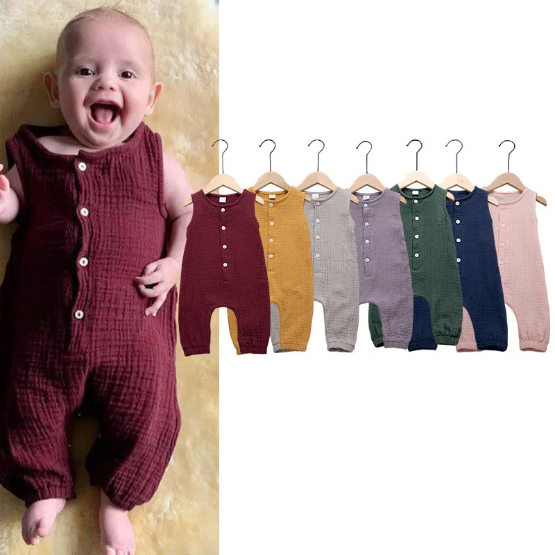 

Children's One-piece Summer Sleeveless Solid Color Cotton and Linen Pure Baby Casual and Comfortable Breathable Kids Romper XB57
