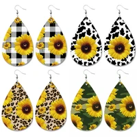mixed sunflower buffalo plaid leopard print vegan leather teardrop earrings for women 2021 blooming flower camouflage earrings