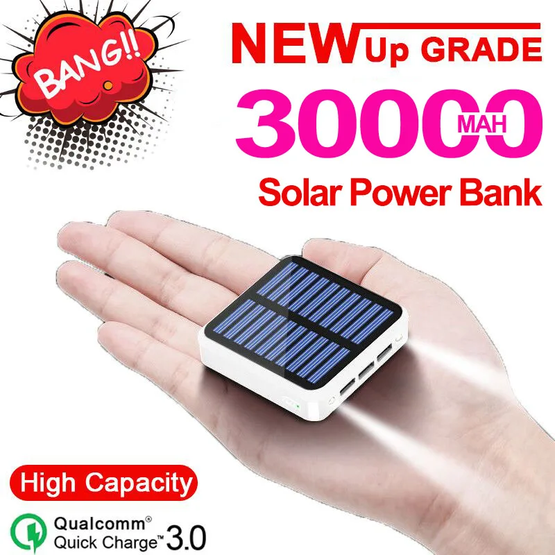Внешний аккумулятор на солнечной батарее с 3 USB портами 30000 мАч|Внешние