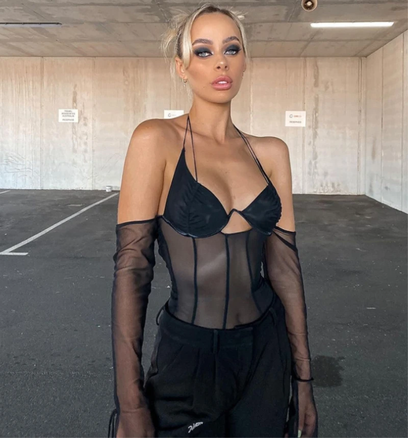 Топ женский сетчатый с открытой спиной пикантный прозрачный топ в стиле пэчворк