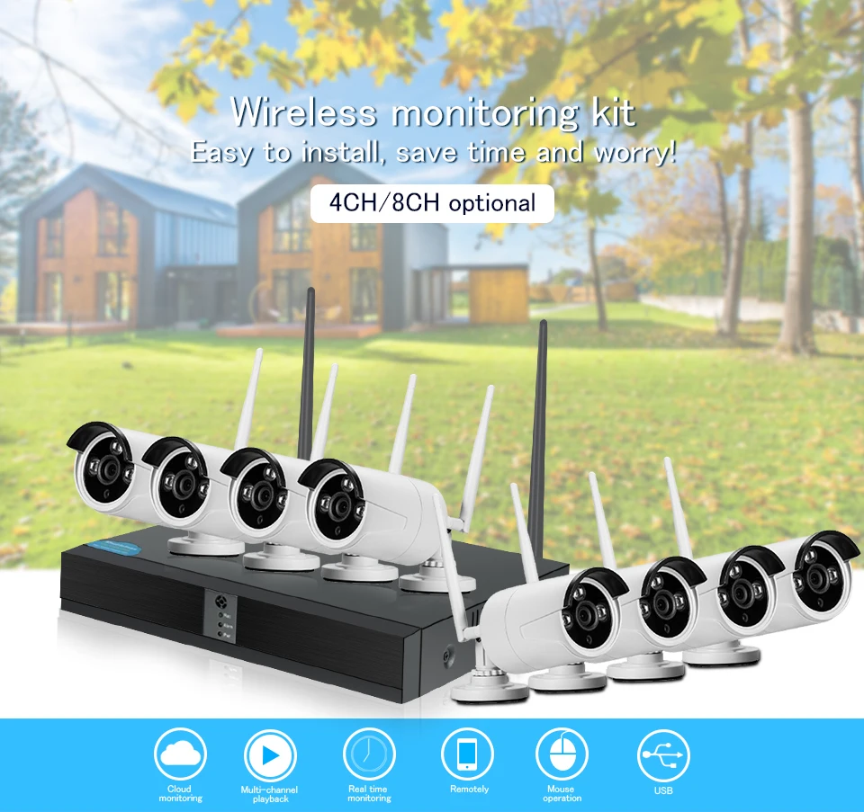 Camara, ip, wifi, nvr, комплект, ONVIF, 4CH, CCTV камера, система, беспроводная система видеонаблюдения, wifi, камера безопасности, система, наборы, для улицы