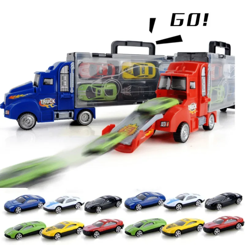 

6/12Pcs Diecast Cars Metal Model With Big Truck Vehicles Toys For Children Hot Wheels Car Container Carrier Boys Birthday Gift