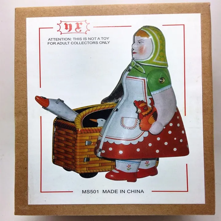 

[Funny] [New] Classic collection Retro Clockwork Wind up Metal Walking Tin farmer robot woman with the goose Mechanical toy gift