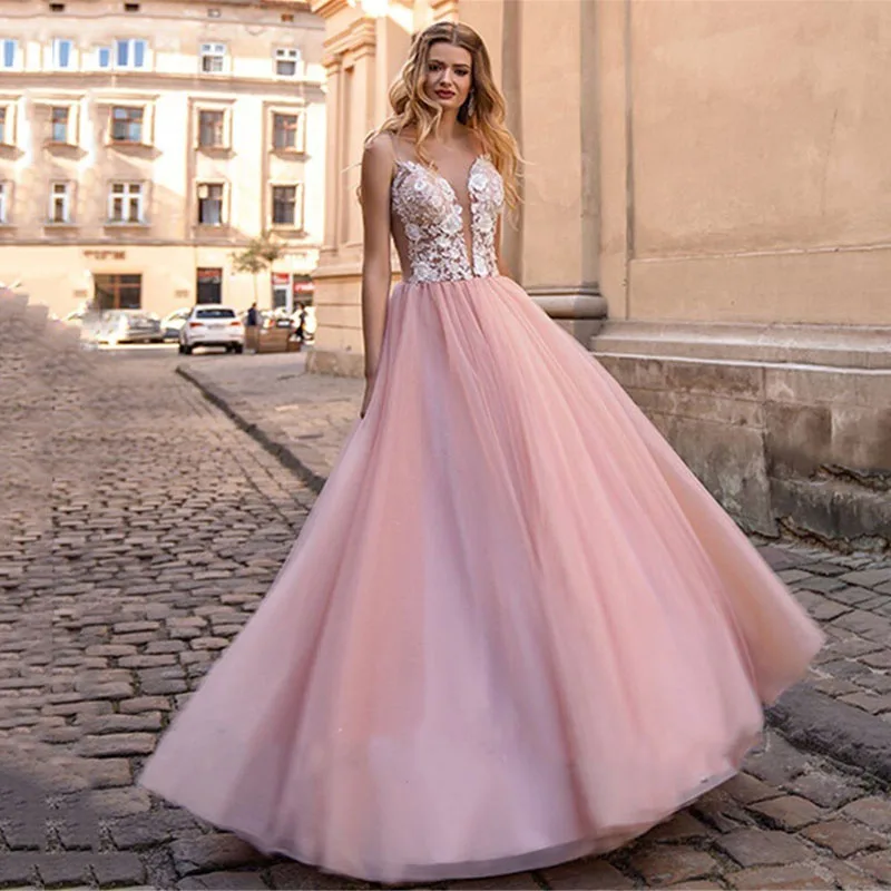

A Line Pink Wedding Dresses Illusion V- neck Tulle Lace Applique Bridal Gown Sexy Backless Beach Bride Dress vestido de noiva