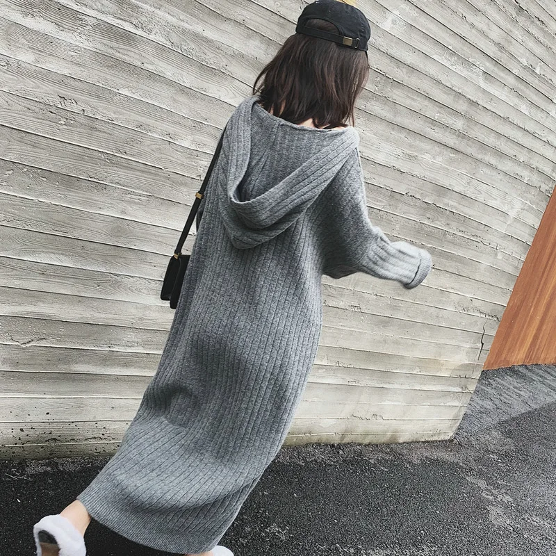 

Winter Korean Hooded Over Knee Knitted Dress New Loose Wool Skirt Bottom Long Fashion Simple Slim Wool Dress
