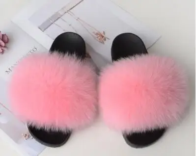 Pink Тапочки унисекс с натуральным лисьим мехом; женские сандалии с мехом; женские меховые шлепанцы; женская пушистая домашняя обувь на плоской подошве; женские кроссовки; Лидер продаж - Цвет: Pink