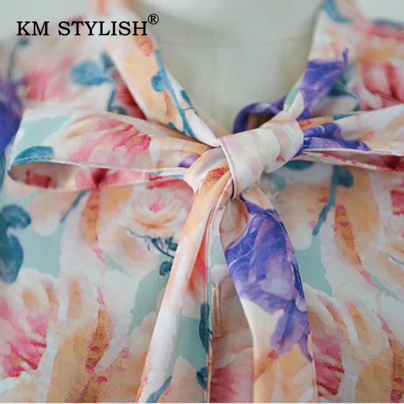 

Summer Korean Women Floral Print Elegant Dresses New Ladies Bow Neck Mid-length Lantern Sleeve Vintage Dress