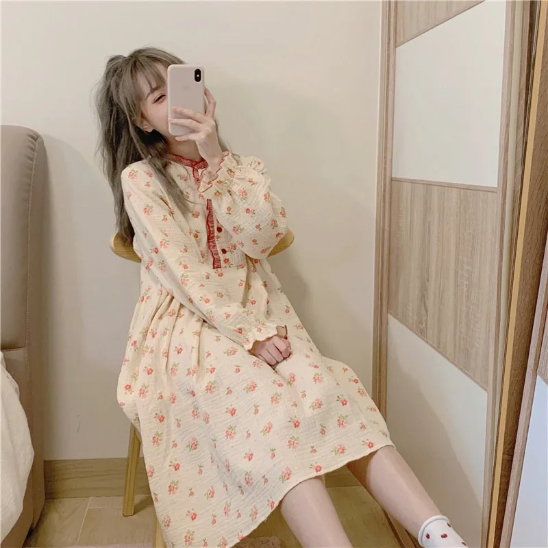 

Harajpee Sweet Sleepdress Floral Printing Plaid Long Sleeve Nightdress Girls Summer 2021 New Can Be Worn Out Home Long Dress