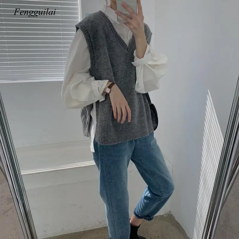 

Autumn Winter Women Sweater Vest Knitted Jumper Warm Female Puffer for Women Sleeveless 2021