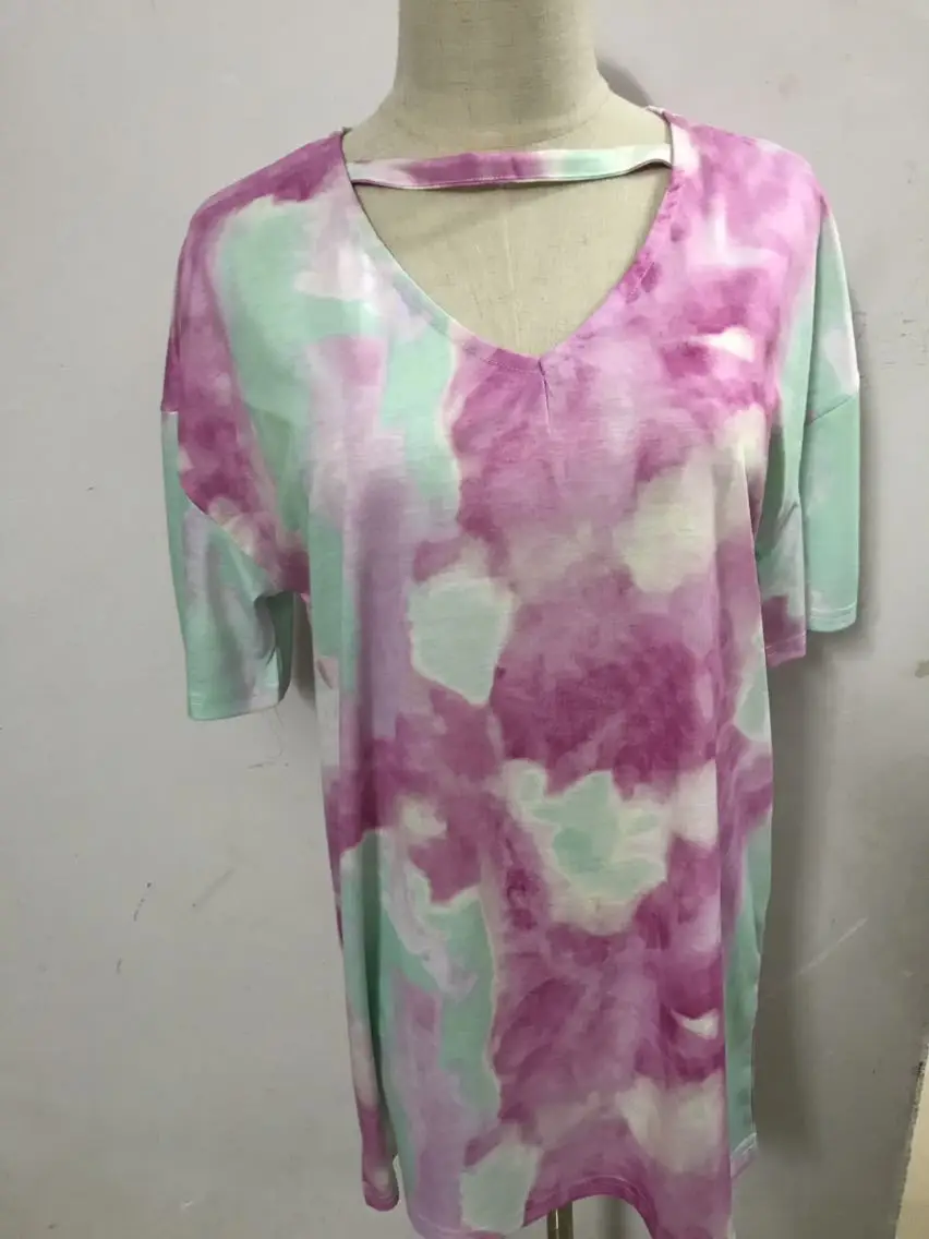 

2020 New Design Tie Dye T-shirt Tie Dye V-neck Women Fashion Short Sleeve Tee
