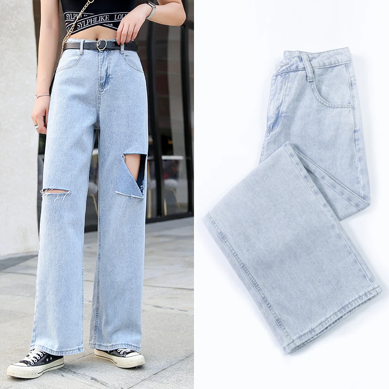 

Простые Модные шикарные джинсы на молнии, женские корейские повседневные свободные джинсы с высокой талией в стиле ретро, широкие прямые об...