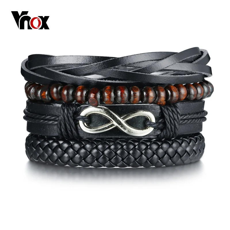 Мужские и женские браслеты Vnox Mix 4 черные шнуры деревянные бусины этнический