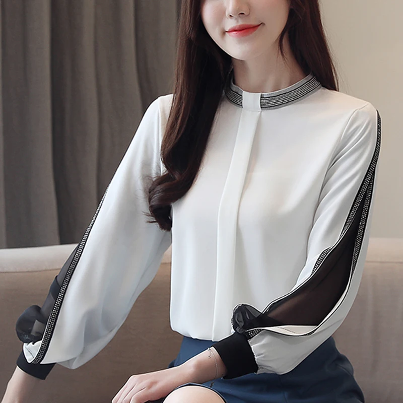 

New Feminine shirt Blouses 2020 Casual Long sleeve Female Fashion Chiffon lantern sleeve Women Stand Neck whtite Blusa 834G5