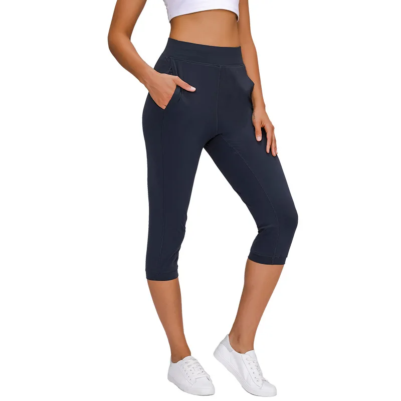 

Casual sports yoga pants with outer pockets, high-waist hip-lifting breathable stretch slim cropped trousers