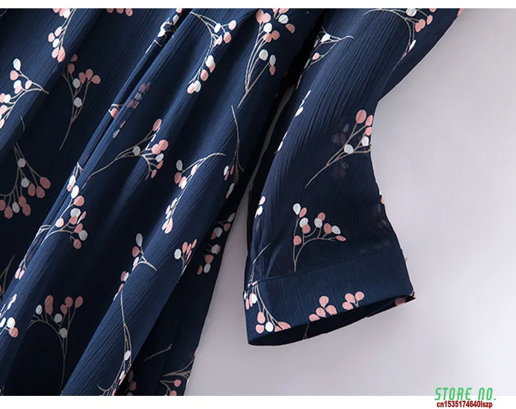 

2021 Spring Casual Plus Size A Line Long Sleeve Floral Print Indigo Blue Chiffon Dress Woman