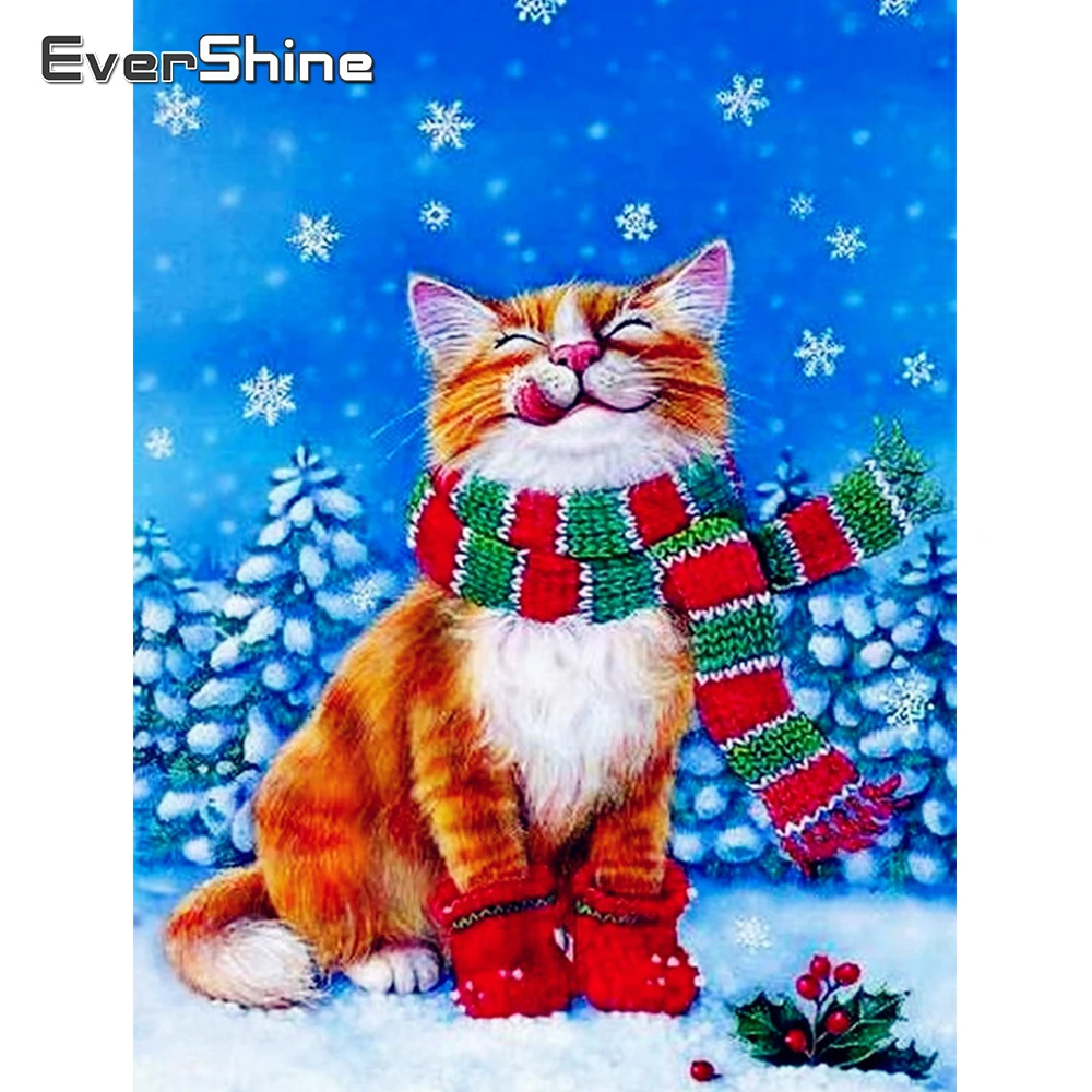 

EverShine Diamond Painting Winter 5D Full Square Diamond Embroidery Animal Picture Rhinestones Mosaic Cat Decor For Home