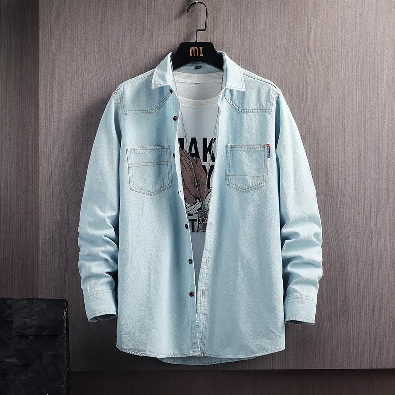 Рубашка мужская джинсовая с карманами модная повседневная спортивная