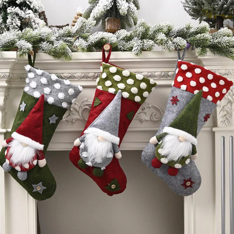 

Fireplace Decoration Santa Claus Socks New Year Candy Bag Holder Christmas Decor Christmas Stockings Plaid Xmas Socks Gift
