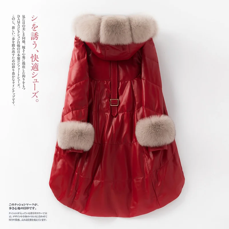 Женский пуховик из натуральной кожи с воротником меха лисы и овчины красный топ в