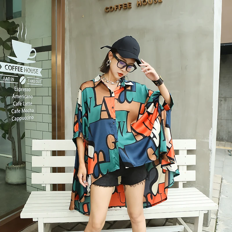 

210423 Casual Print Shirts For Women Lapel Batwing Short Sleeve Loose Hit Color Blouses Female Clothes Summer 2021 Fashion New