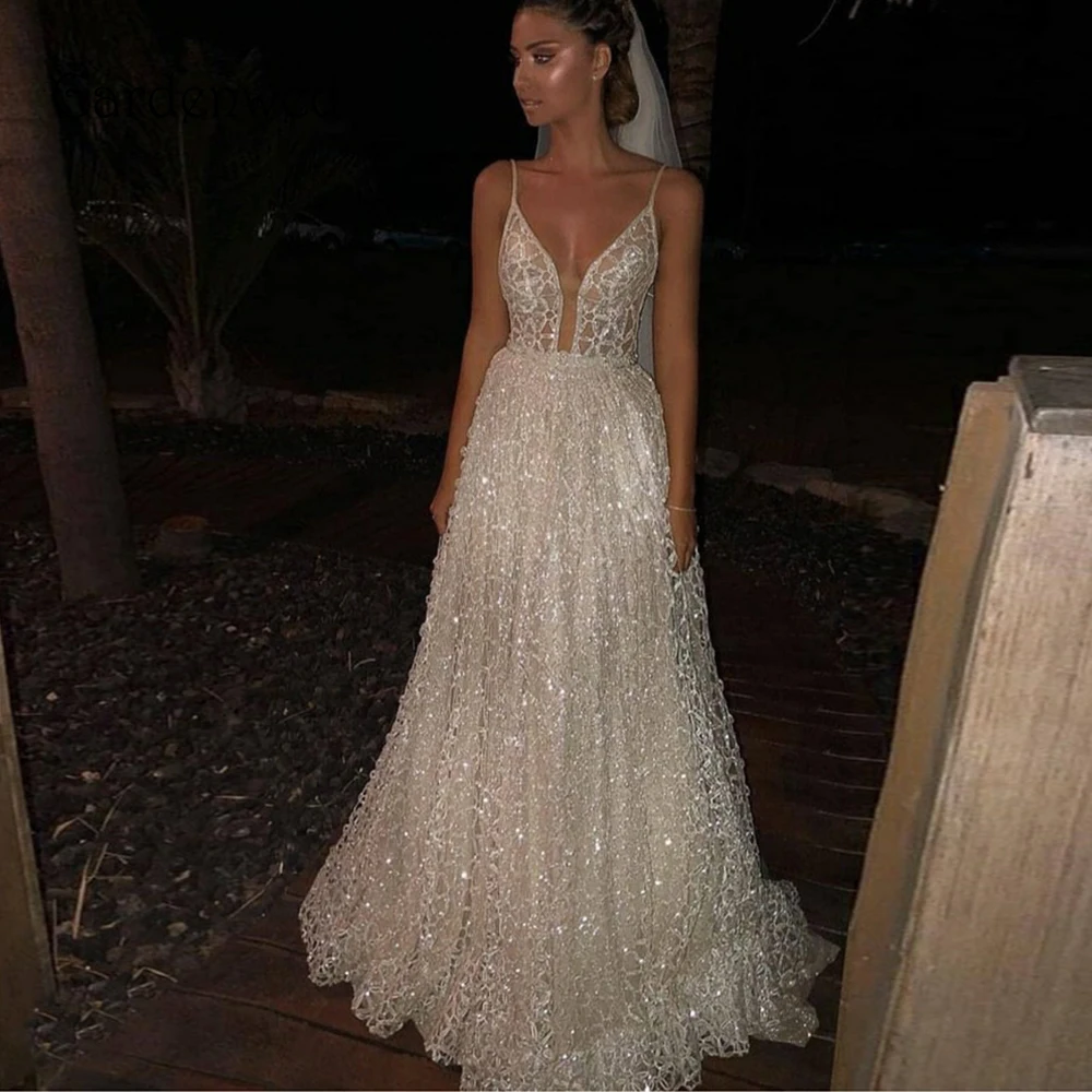 

Grid Glitter Wedding Dress 2020 Shiny Sexy A Line Bride Dress V Neck Spaghetti Straps Sparkle Bride Gowns Open Low Back
