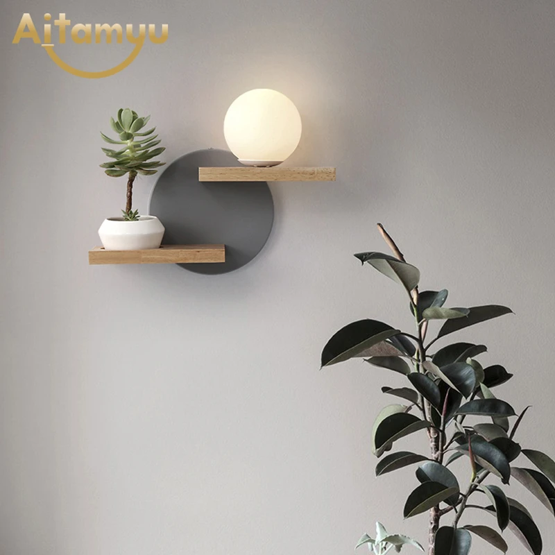 

Green Plant Wall Lamp Decor Living Room Bedroom Home Decoration wooden Sconce Home Lighting with Watering Plant Glass Pots