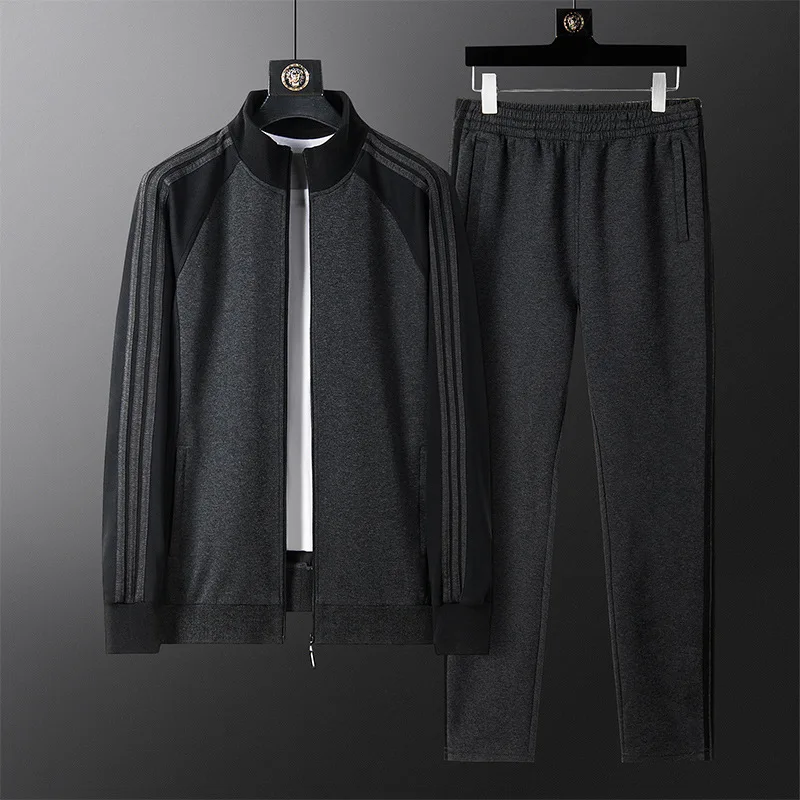 men Sports suit men's stand-up collar sweater spring and autumn plus size three-bar sports casual wear two-piece running men set