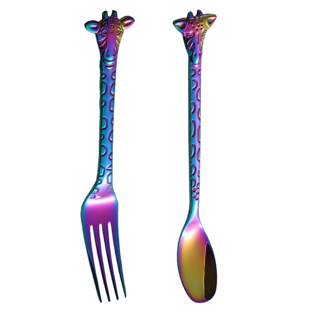 

2pcs Dessert Spoon and Fork Set Stainless Steel Mixing Spoon Cartoon Cake Forks for Home Restaurant (Silver)