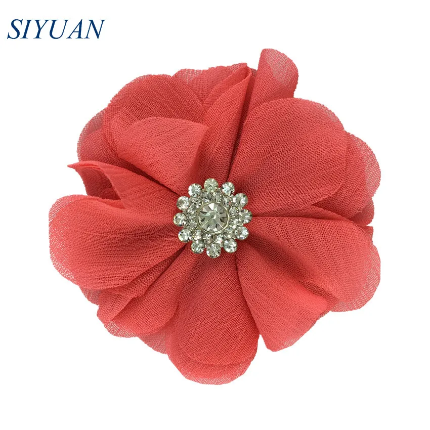 15-coral 120 шт./лот,, 6 см, ткань, шифон, цветы, стразы, на пуговицах, для девушек, на каждый день, головные уборы, свадебные аксессуары TH301 - Цвет: 15-coral