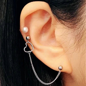 Simple Heart Helix Earrings EarLobe Ring Conch Cartilage Studs Stainless Steel Chain Body Jewelry Ear Piercings Earring Korean
