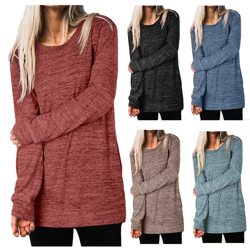 Женская длинная футболка с карманом осенний однотонный Повседневный пуловер