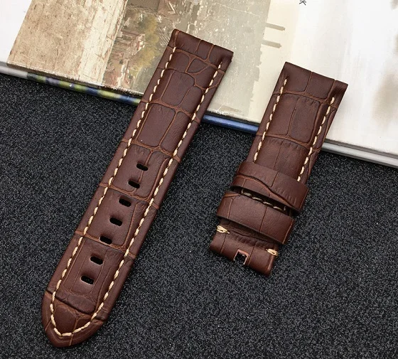 Brown beige line Ремешок для часов из натуральной кожи 22 мм 24 мм 26 мм темно-коричневый черный аксессуары съемный браслет для наручных часов для Panerai ремешок инструменты пряжка с язычком - Цвет ремешка: Brown beige line