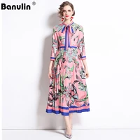 banulin runway designer pleated maxi dresses 2021 women long sleeve floral print bow neck vintage floor length long party dress