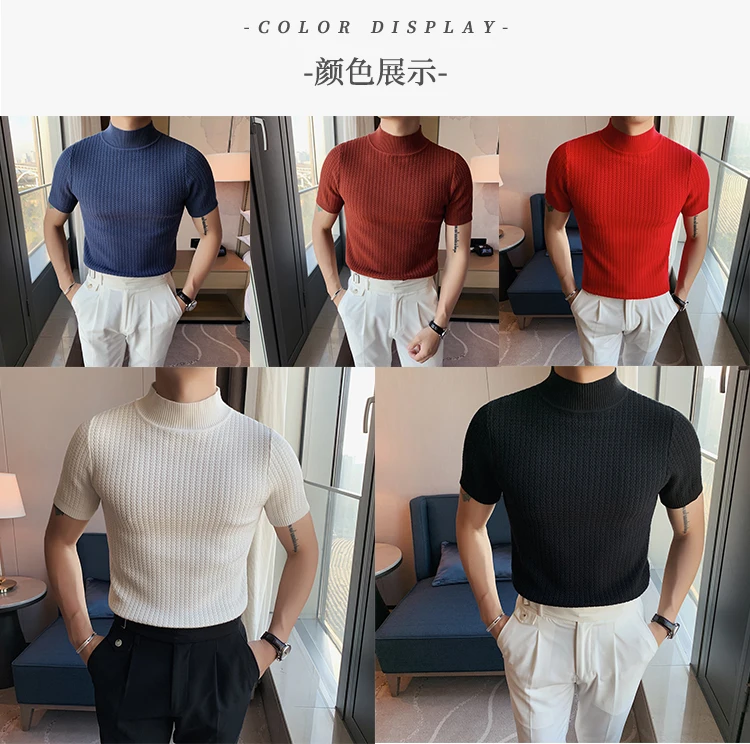 Spring New 2021 Short Sleeve Knitted Sweater Men Clothing Solid All Match Slim Fit Stretched Turtleneck Casual Pullovers 5Colors