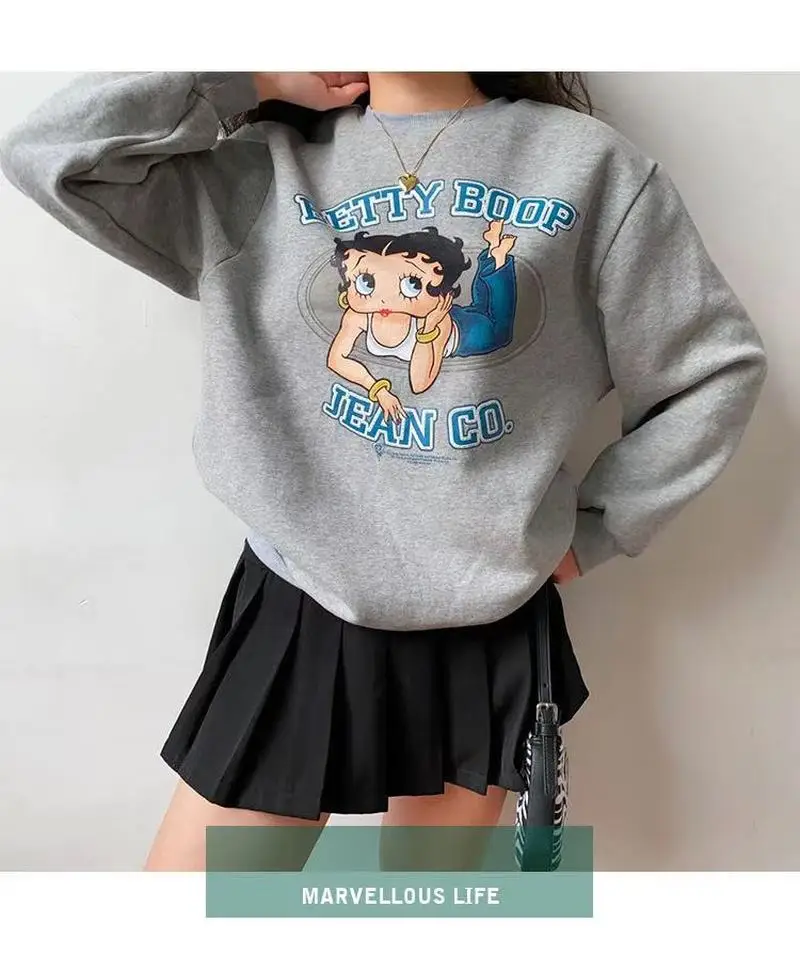 

Grey Color Fashion Cartoon Printed Women Hoodies Autumn Winter Loose Casual Thic Streetwear Lady Tops Pullovers 2021 New