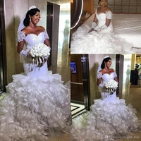luxurious mermaid stunning african weddingdresses lace appliques bridal dresses long sleeves ruffles layers wedding gown