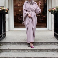 Muslimah Robe Dubai Fashion Bandage Silky Full Length Dress Turkish Fake Two Pieces 2021 Middle East Eid Worship Service